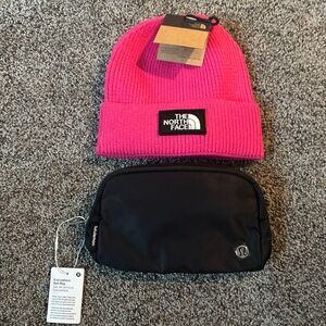 The North Face Hot Pink Beanie and Lululemon black belt bag girly winter Set